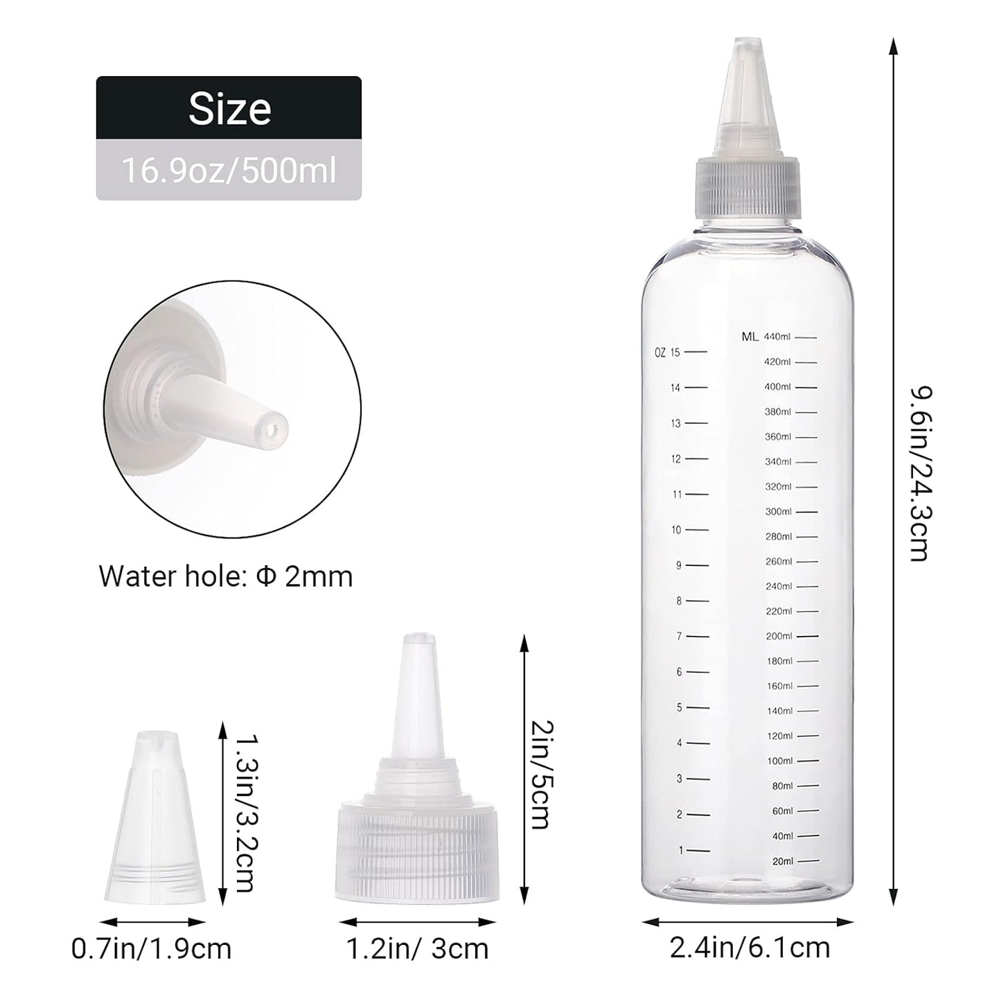 Segbeauty 16.9oz Hair Dye Bottles, 2Pcs 500ml Refillable Measured Hair Color Applicator Bottles, Clear Hair Color Squeeze Bottle with Graduated Scale, PET Twist Top Cap Tip Plastic Empty Dyeing Tool