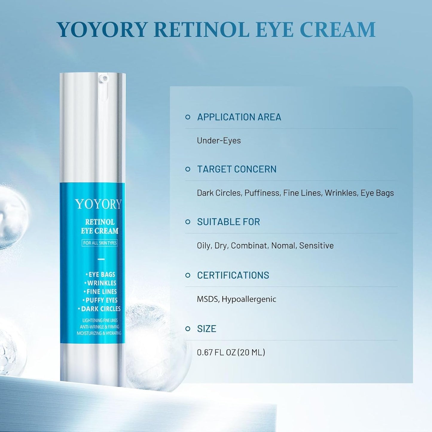 Retinol Under Eye Cream - Anti Aging Eye Cream Reduces Eye bags,Dark Circles, Fade Wrinkles, Fine Lines, and puffiness Smoothing Skin Care Treatment for Women and Men, 20ML(Blue)