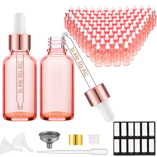 PrettyCare Glass Eye Dropper Bottles 99 Pack, 1oz (30ml) Rose Empty Thick Bottles Bulk with Leakproof Caps - With Labels & Funnels for for Storage, Travel,Essential Oils, DIY Serums