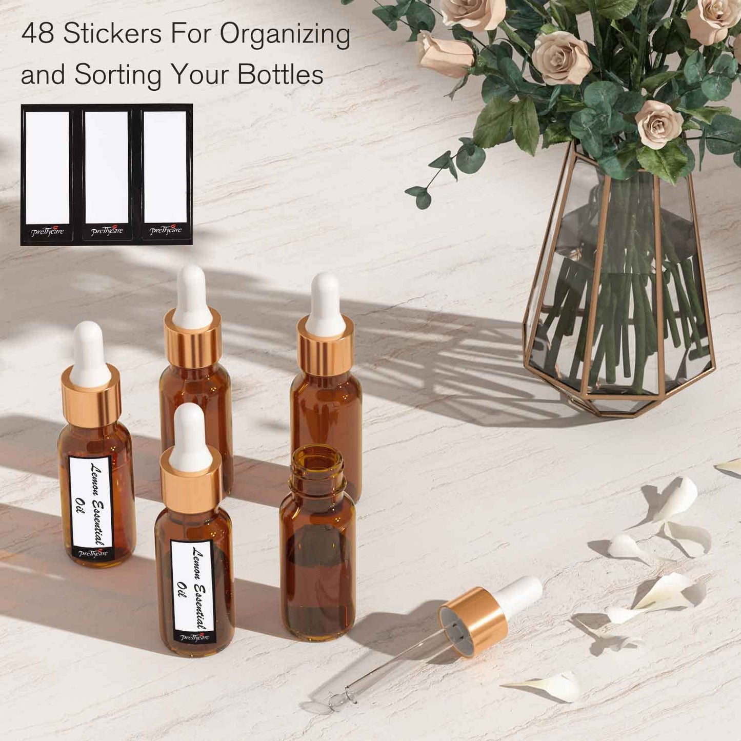 PrettyCare Glass Eye Dropper Bottles 24 Pack, 0.5oz (15ml) Small Amber Empty Thick Bottles with Leakproof Golden Caps - With Labels & Funnels for Storage, Travel, Essential Oils, Tinctures