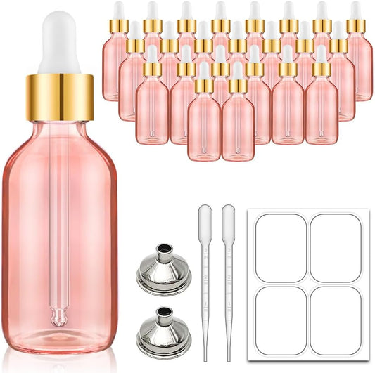 Bumobum 2 oz Dropper Bottle, 24 Pack Pink Glass Eye Dropper Bottles with Golden Top Cap for Essential Oils, Tincture Bottle with Labels and Funnel