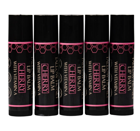 Organic Tallow Lip Balm (5 Pack) - Hydrating With Organic Italian Olive Oil, Pure Grass Fed Tallow, and Beeswax - Long Lasting Lip Therapy (5 Pack, Cherry)