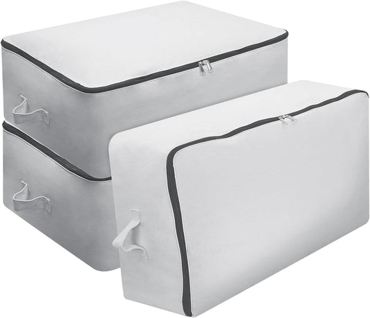 Omygarden Ultra Thick Fabric Clothes Canvas Storage Bag Foldable Closet Organizer Bag with Reinforced Handle Sturdy for Sweaters, T-shirts, Blankets, Coats, 3 Pack, Light Gray