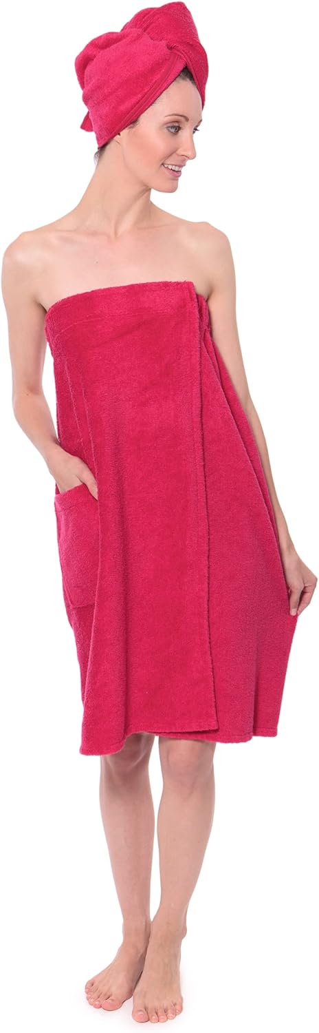 TexereSilk Women's Towel Wrap - Rayon Cotton Blend Spa Wrap Set (The Waterfall, Rose Red, Small/Medium)