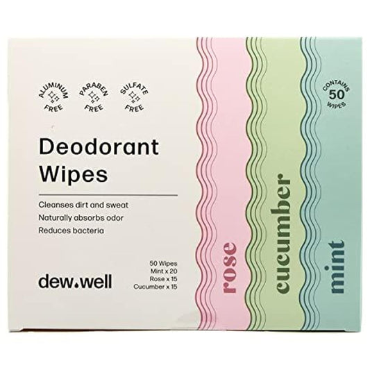 Dew Well Deodorant Wipes - On-the-Go Travel Deodorant - Fresh Mint, Rose & Cucumber Scents Body Wipes for Women - Aluminum, Paraben & Sulfate Free Mini Toiletries - 50 Count, Mint/Rose/Cucumber