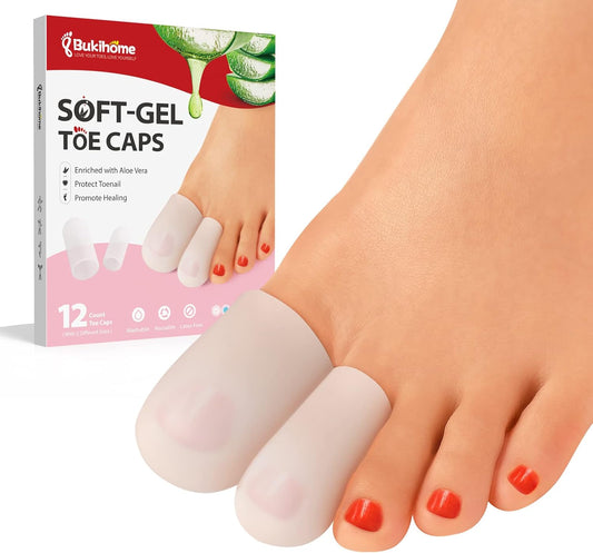 Bukihome Silicone Toe Protectors - 12 Pack Gel Toe Sleeves Toe Protectors - Toe Caps with Aloe Vera Essential Oils - Toe Cushions for Pain Relief, Toe Protection for Corns, Calluses (8L + 4S)