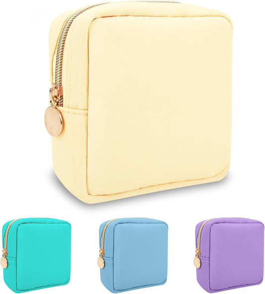 Nylon Mini Makeup Bag for Purse, Preppy Small Cute Makeup Bag Cosmetic Zipper Pouch Purse, Waterproof Travel Coin Pouch Sanitary Napkin Storage Bag Clutch Makeup Organizer for Women Men Girls(Beige)