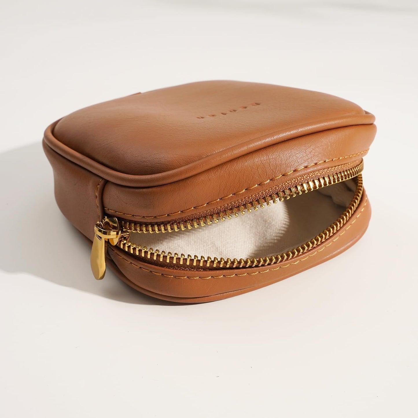 Leather Cosmetic Bag for Women Small Zipper Makeup Bag for Purse Waterproof Travel Makeup Organizer Charger Storage Pouch Color Brown