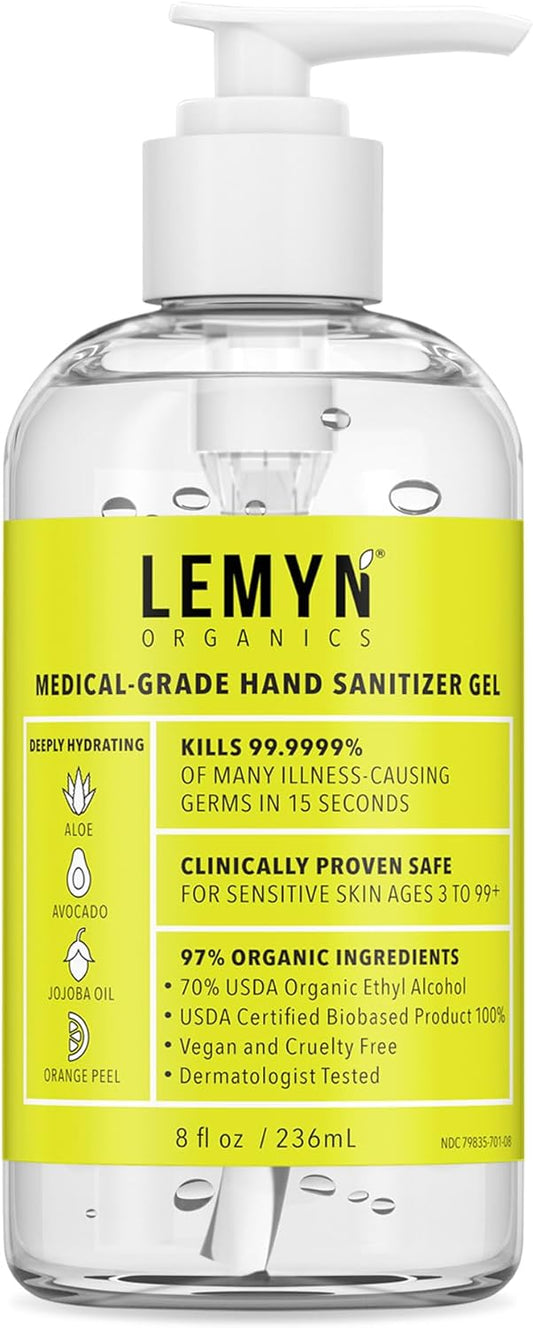 Medical‑Grade Hand Sanitizer Gel – 97 % Organic | 70 % USP Ethyl Alcohol | Moisturizing Aloe + Hyaluronic Acid | Freshly Made in USA | 8oz Bottle with Pump