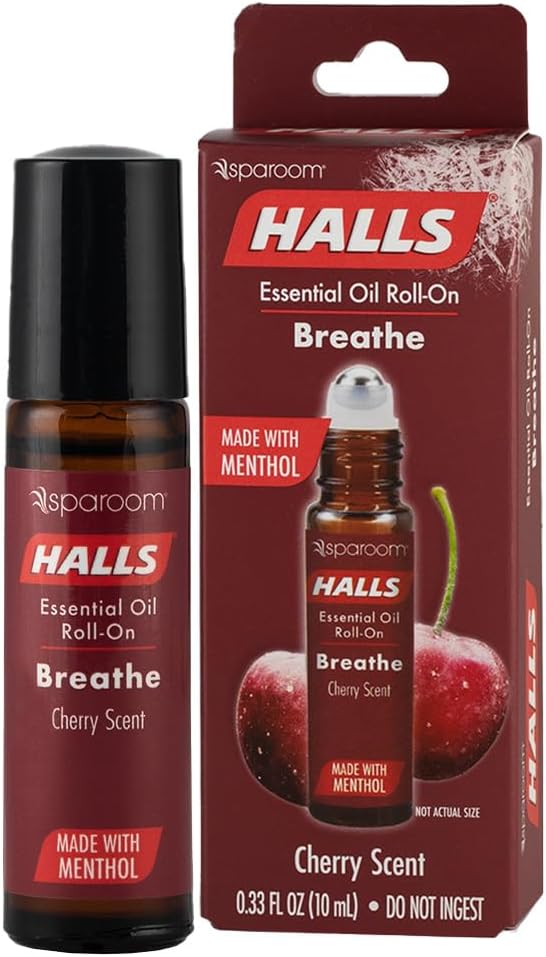 Halls Breathe Essential Oil Roll On Cherry – Menthol-Infused Aromatherapy Blend for Focus and Tension, Travel-Friendly Relaxation Support with Natural Botanical Oils, 10mL Precision Applicator