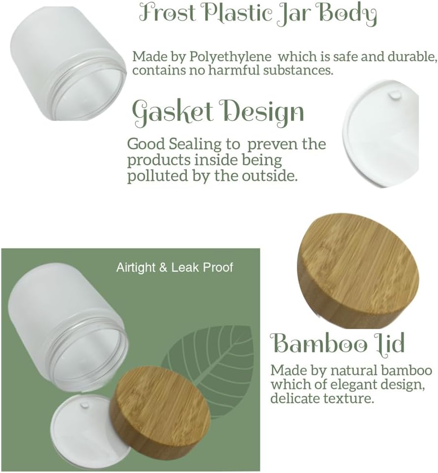 Empty Bamboo Lid Jar 8oz/250g,Refilable Plastic Round Cosmetic Containers for Powder,Body Butter,Cream,Lotion,Wide Mouth Makeup Sample Storage Pot Dispenser(Frost)