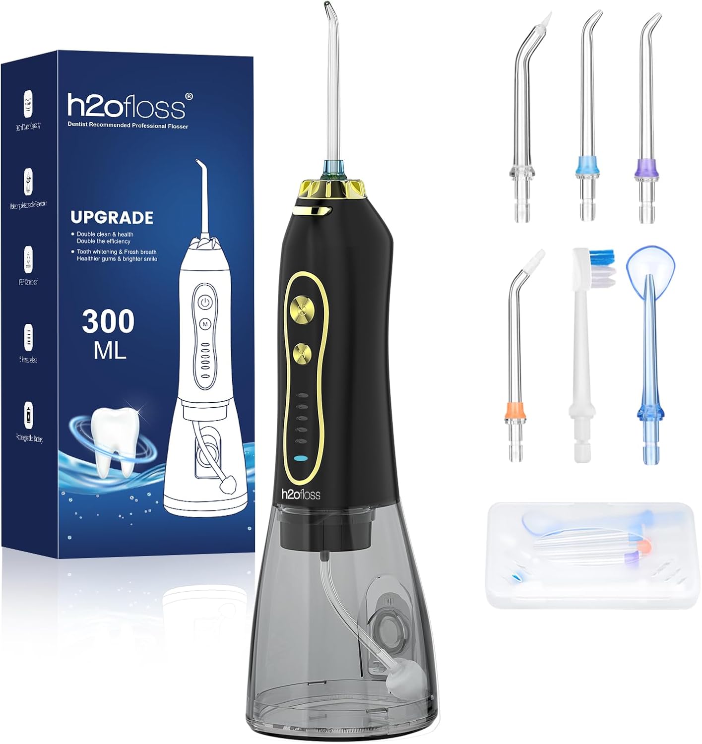 H2ofloss Water Dental Flosser Teeth Pick -Portable Oral Irrigator with 5 Modes, Rechargeable IPX7 Waterproof Orthodontic Teeth Cleaner Pick Cordless for Home Travel-300ml Water Tank Gold