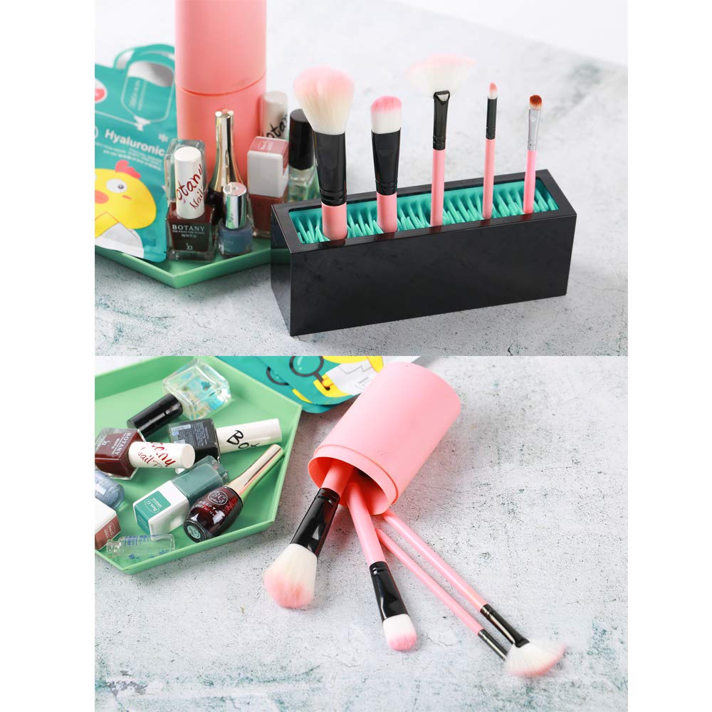 Makeup Brushes Holder Organizer, Silicone Vanity Air Drying Rack Display Storage for Brush, Eyeliners and More, Practical Cosmetic Tools Container (Red-Black)