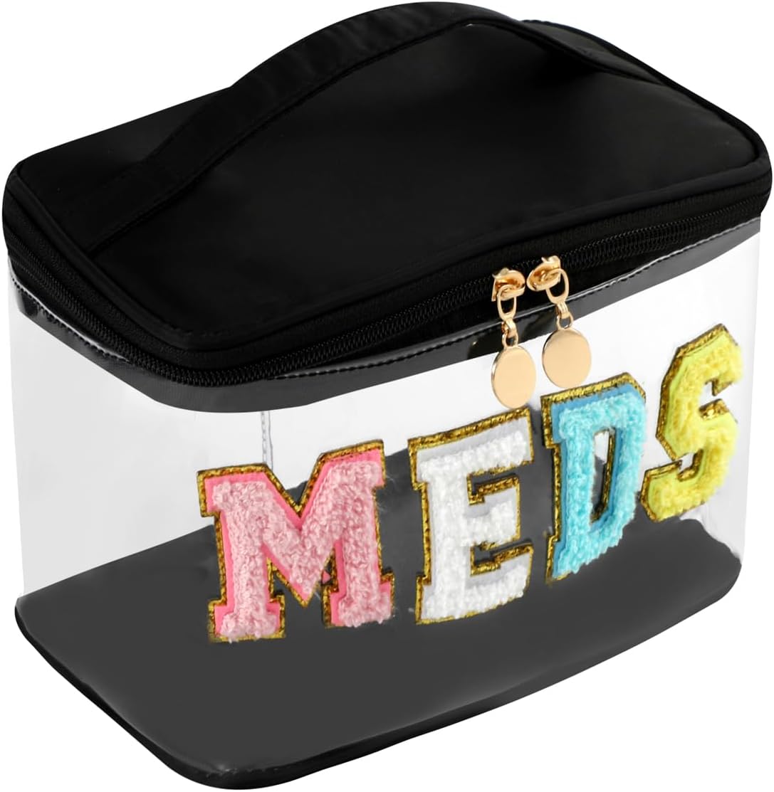 Personalized Chenille Letter Clear Medicine Makeup Bag, Large Size Waterproof Nylon Cosmetic Toiletry Storage bag with Top Handle, Transparent Meds First Aid Travel Organizer Cosmetic Bag(04Black)