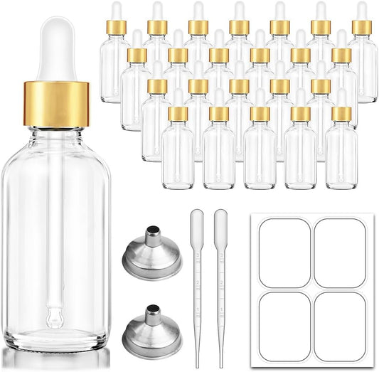 Bumobum 2 oz Dropper Bottle, 24 pack Clear Glass Eye Dropper Bottles with Golden Top Cap for Essential Oils, Tincture Bottle with Labels and Funnel