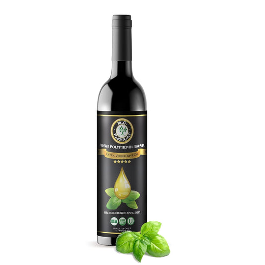 M.G. PAPPAS High Polyphenol Rich Basil Infused Olive Oil - Extra Virgin Olive Oil Polyphenol Lab Report 650mg/kg - Cold Pressed & Unfiltered - High Hydroxytyrosol Greek Olive Oil - Award Winning