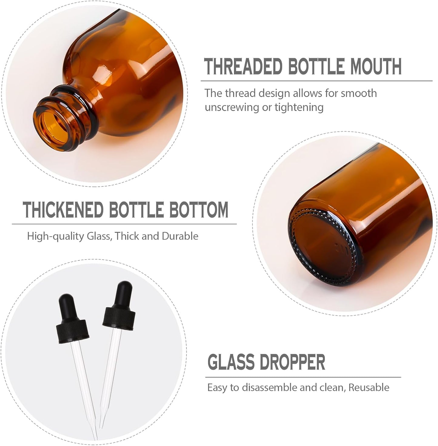 2 oz Amber Glass Dropper Bottles,4 Pack 60ml Empty Reusable Leak Proof Thick Tincture Bottles for Essential Oils,Hair Oil,Liquids,Laboratory,Pharmacist Bottle,Massage,Perfumery Aromatherapy