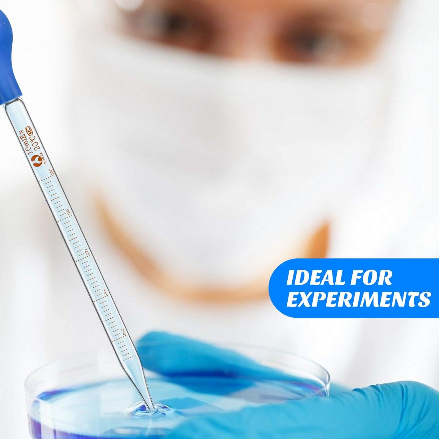 Weewooday Glass Droppers Pipettes Graduated Lab Dropper Glass Liquid Pipette with Big Rubber Hats 20 cm Stir Rod Washing Brush Transfer for Liquid Essential Oil(8 Pieces,Blue,10 ml)