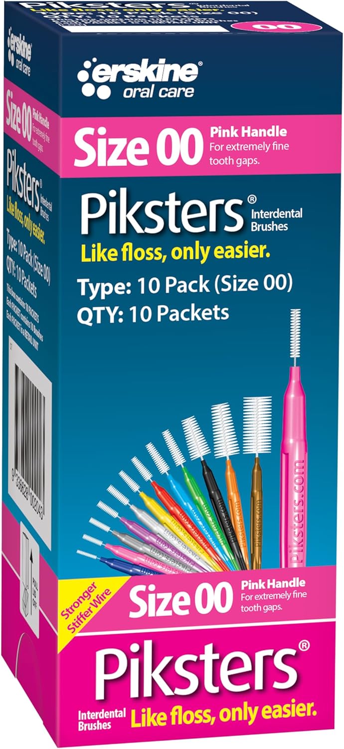 Piksters Interdental Brushes, Size 00, 100 Count (10 x 10 Packs), Interdental Tooth Brush for Extremely Tight Gaps, Gum Soft Bristles for Plaque Removal, Safe for Braces (100 pk)