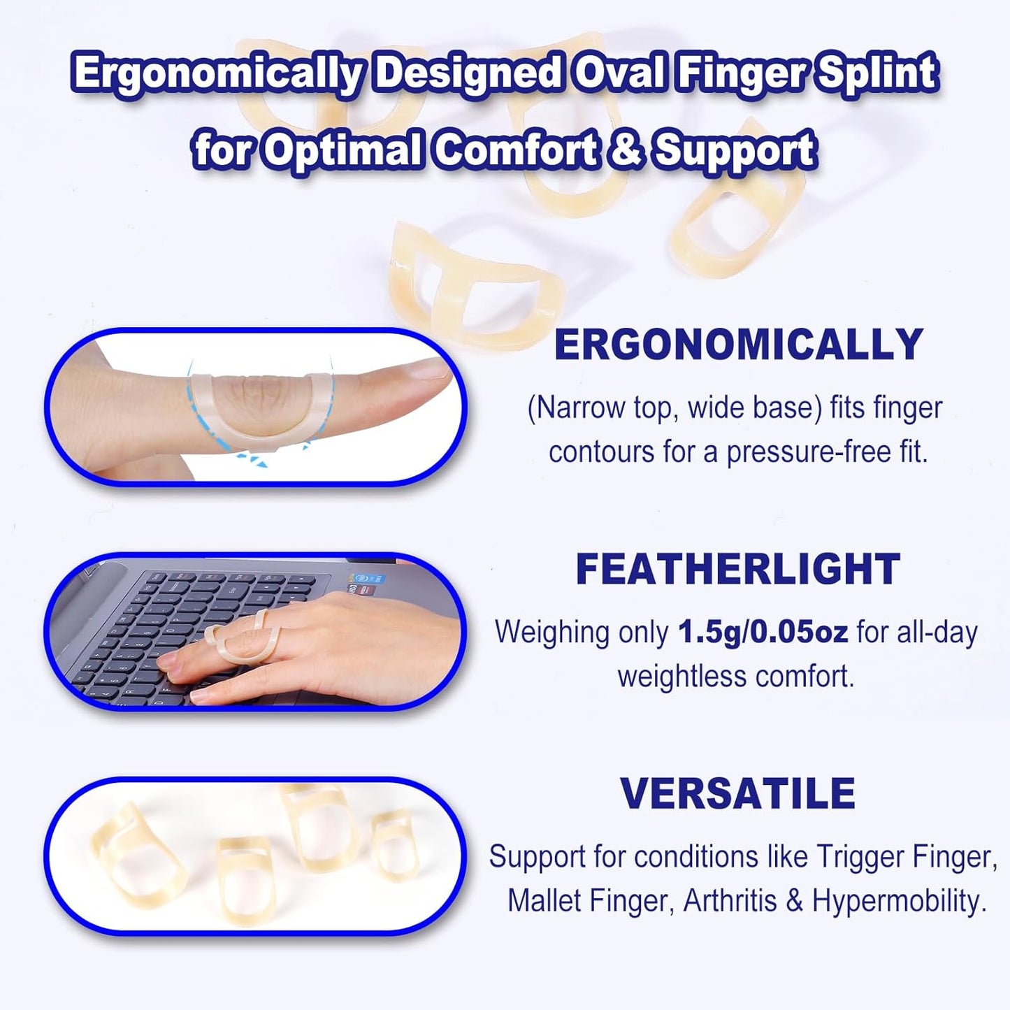 8Pcs Oval Finger Splints & Click-Lock Adjustment Kit, 4 Graduated Finger Ring Splint & 4 Splint Adjustment, Finger Braces for Arthritis, Mallet, Straightening, Support (Size 1-4)