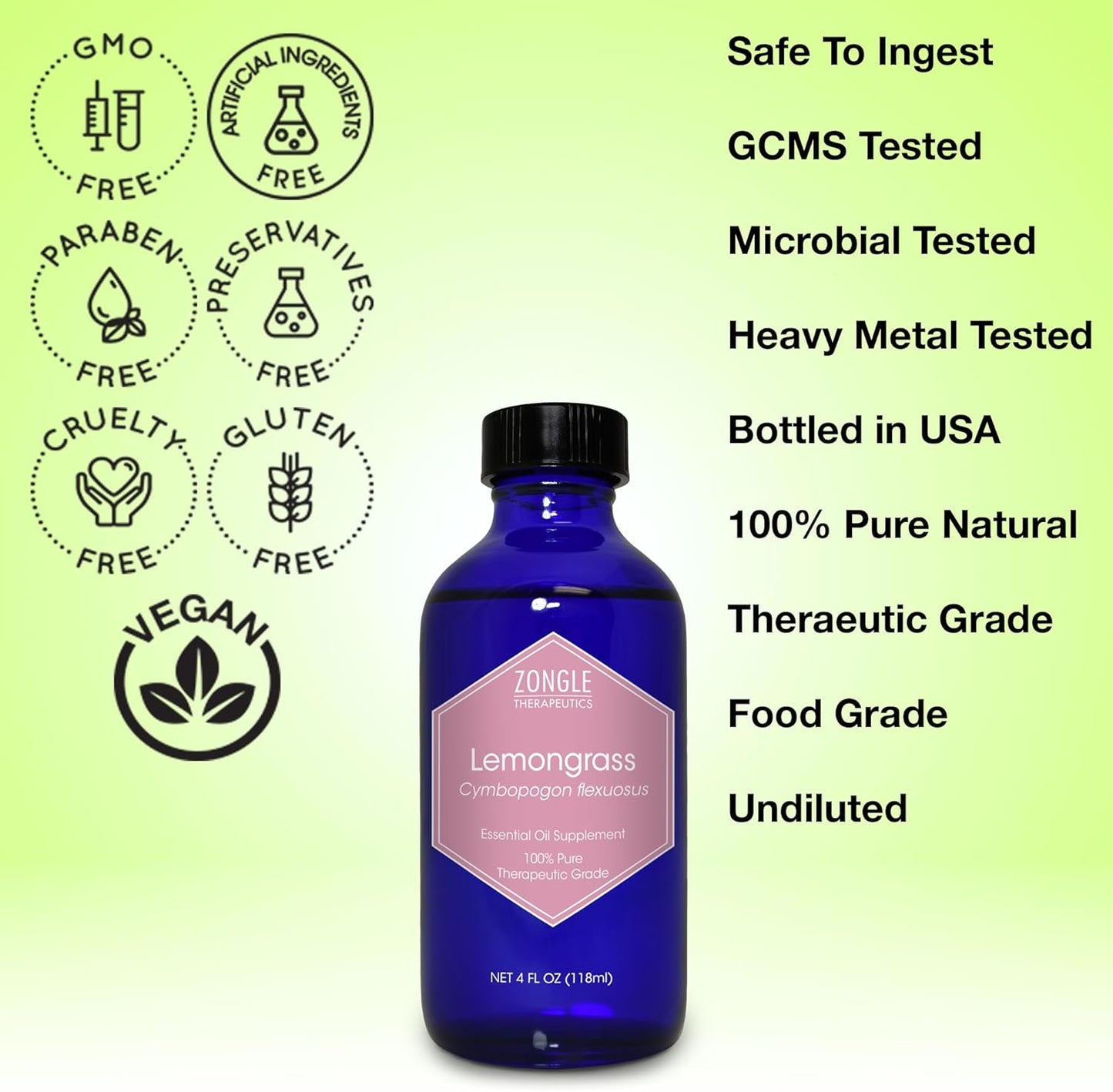 Lemongrass Essential Oil, Food Grade, Edible – 100% Pure, Lemongrass Oil,by Zongle Therapeutics, 4 OZ