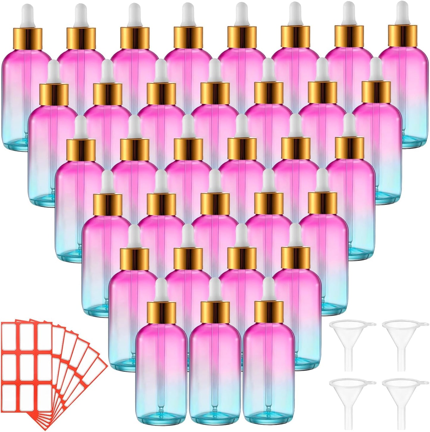 Dandat 50 Pack 4 oz Glass Dropper Bottles Leakproof 120 ml Glass Tincture Bottles with Eye Droppers, 4 Funnels, 54 Labels for Essential Oil Perfumes Hair Oil(Pink Blue Gradient)