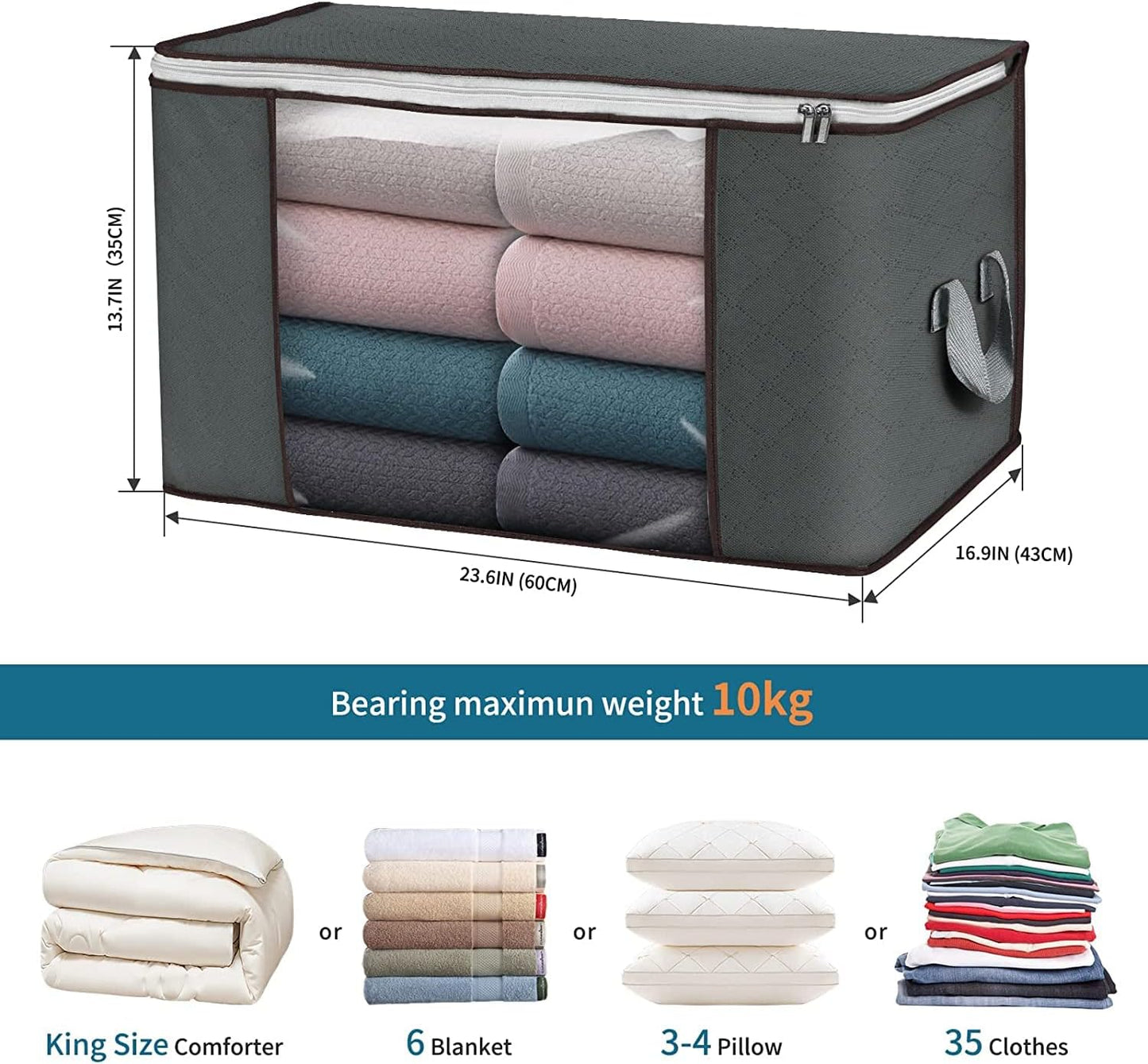 Large Storage Bags, 8 Pack Clothes Storage Bins Foldable Closet Organizers Storage Containers with Durable Handles Thick Fabric for Blanket Comforter Clothing Bedding 90 L (Gray)