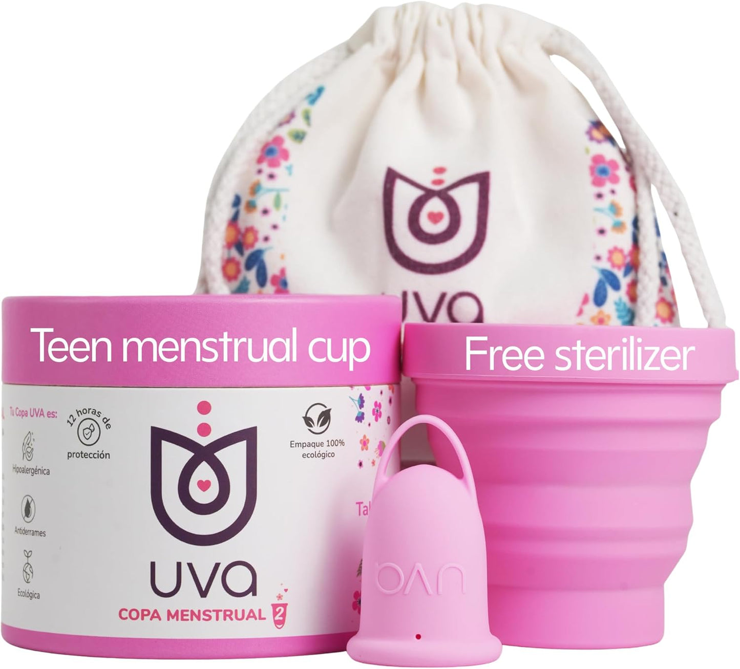 UVA 2 Reusable Menstrual Cup Kit - Size 0 for Light Flow - 10-Year Durable & Leak-Proof Silicone - Small Menstrual Cup, Sterilizer & Traveling Bag Period Cup Set