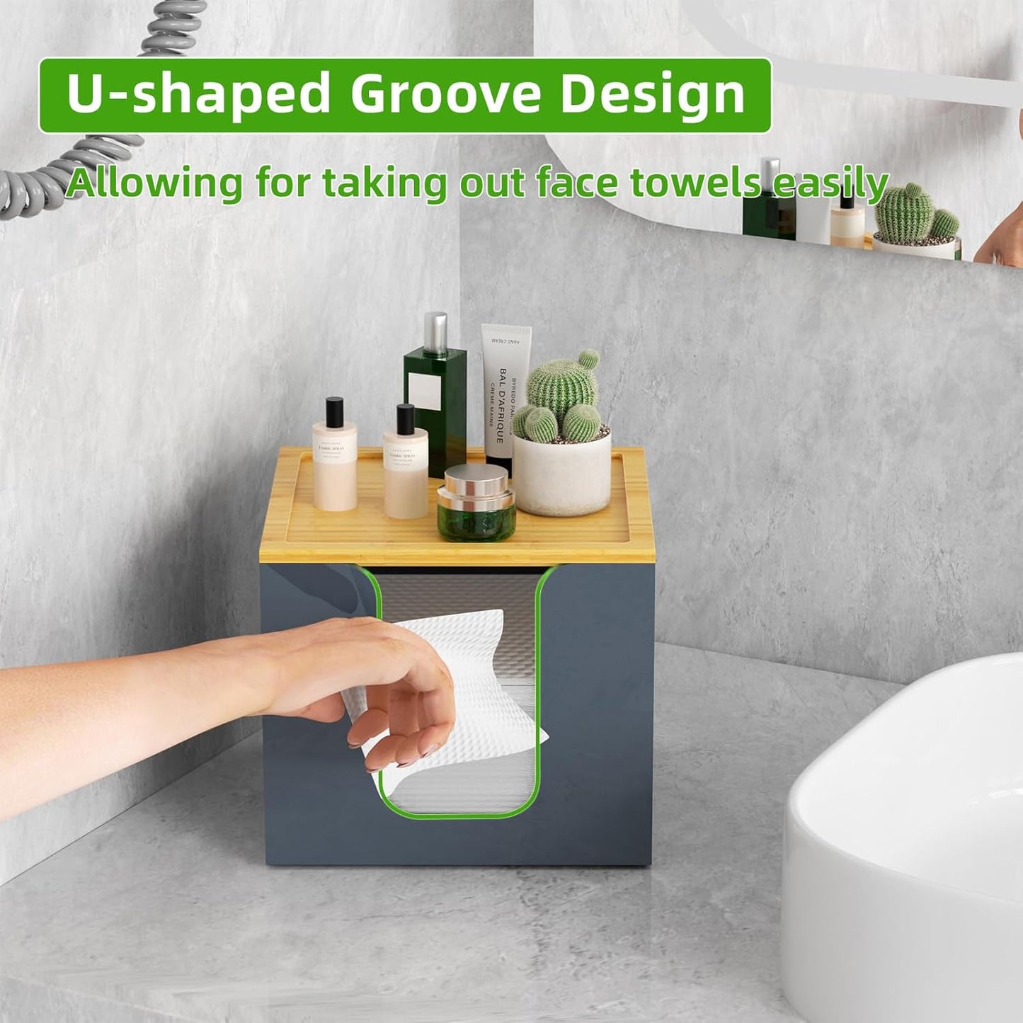 VITVITI Disposable Face Towel Holder Box, Acrylic Facial Towel Container for XL Clean Skin Club, Large Disposable Face Towels Storage with Bamboo Lid, for Bathroom, Vanity Makeup, Gray