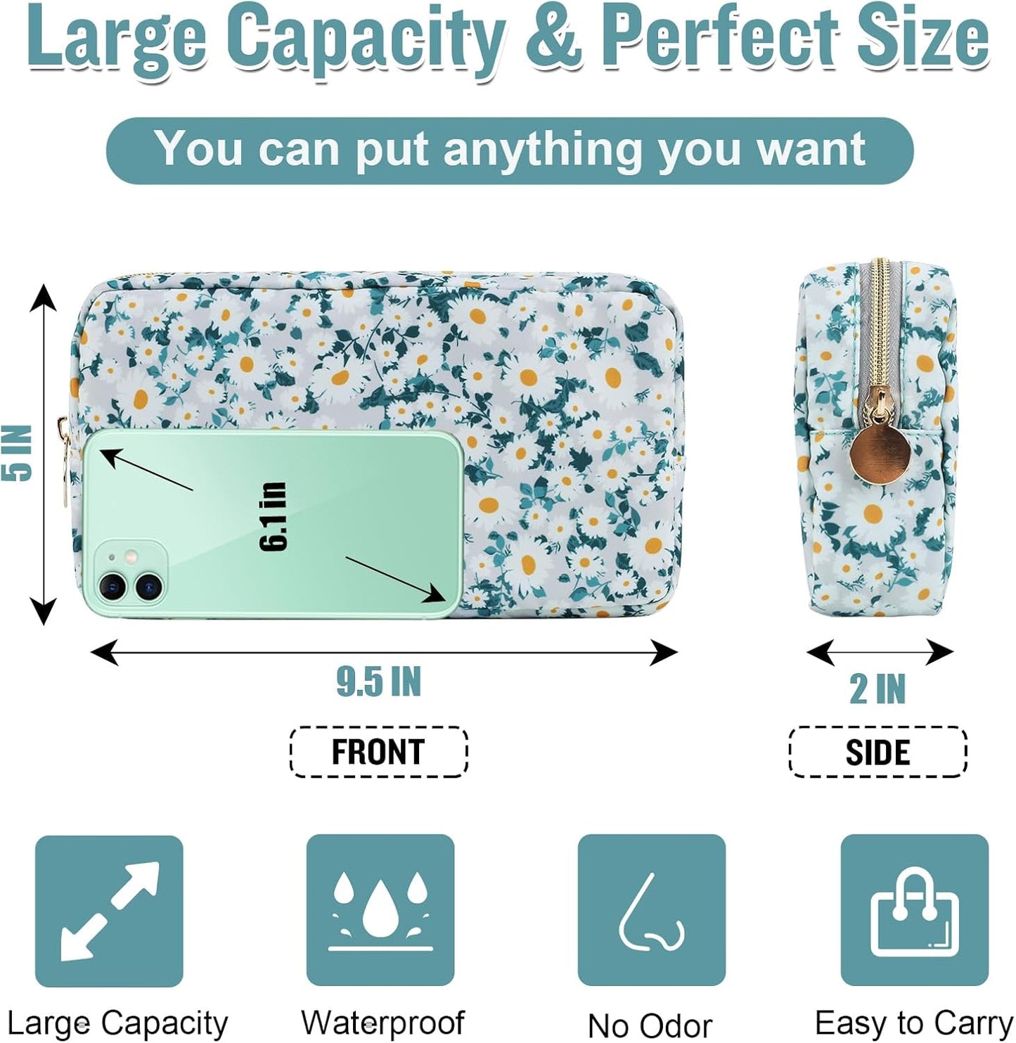 Nylon Small Floral Makeup Bag for Purse, Cute Preppy Makeup Bag Flower Cosmetic Zipper Pouch Purse, Waterproof Portable Travel Toiletry Makeup Brush Coin Pouch Organizer Storage for Women(Green-Daisy)