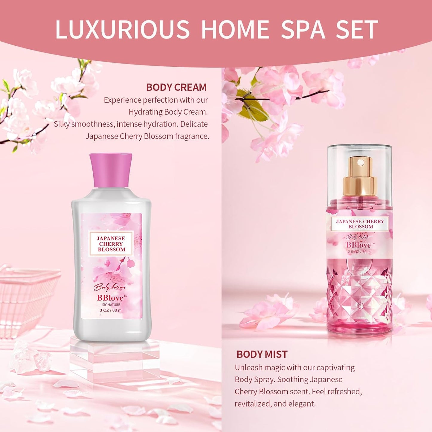 Japanese Cherry Blossom Bath and Body Gift Set - 2-Piece Travel Skincare Essentials (3oz Body Lotion + 2.5oz Fragrance Mist) Lightweight Hydrating Duo, Holiday Gift Set