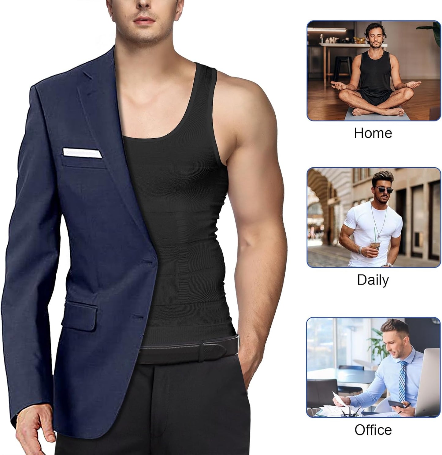 Odoland Mens 3 Pack Body Shaper Slimming Tummy Vest Thermal Compression Shirt Tank Top Shapewear