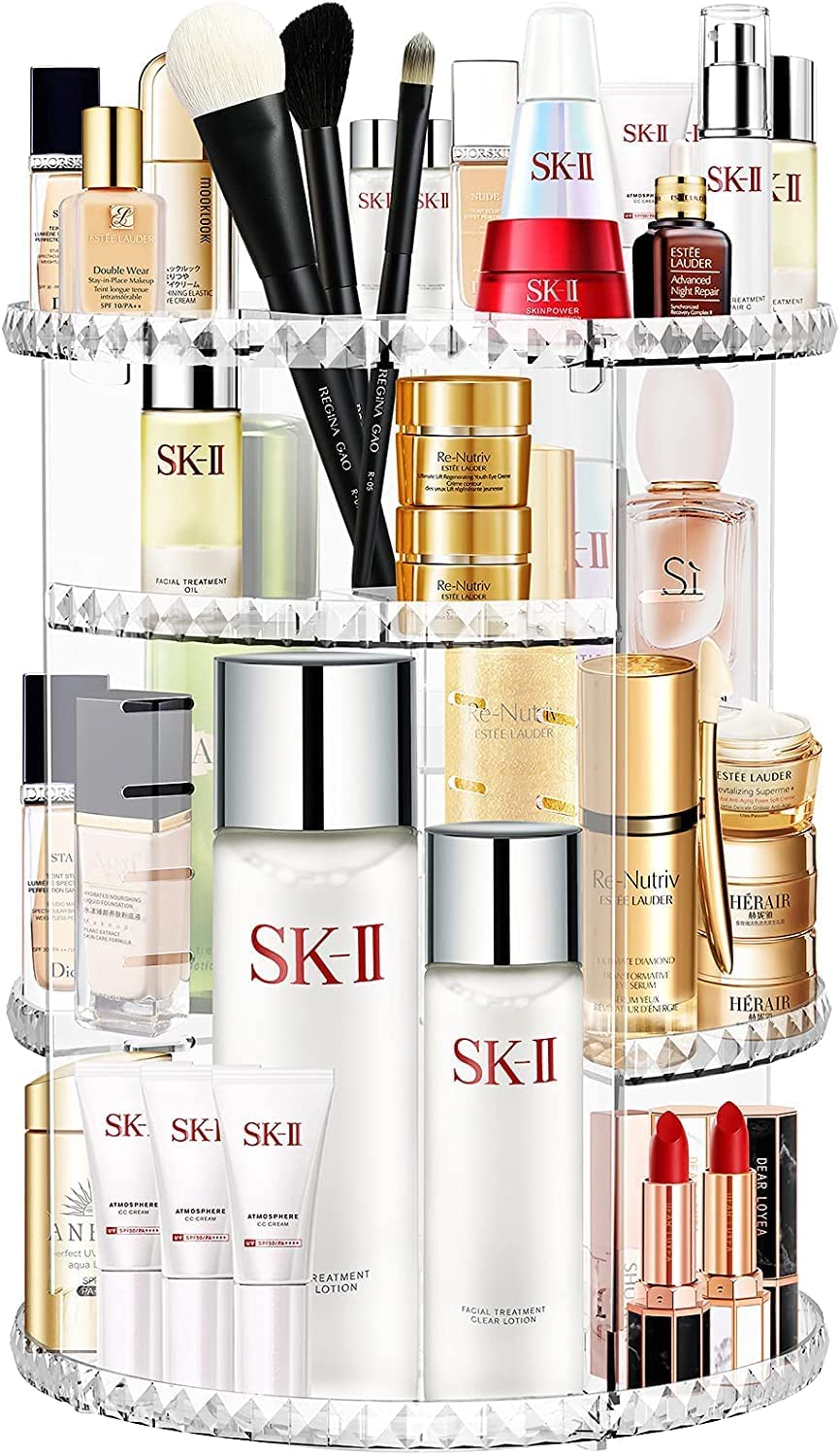 360 Degree Rotating Makeup Organizer,Large Capacity Make up Caddy Shelf,Acrylic Perfume Storage, Adjustable Skin Care Organisers for Dresser Tabletop and Bathroom, Clear (Diamond)