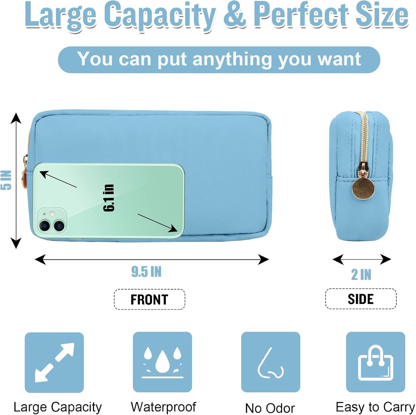 Nylon Small Makeup Bag for Purse, Cute Preppy Black Makeup Bag Cosmetic Zipper Pouch Purse, Waterproof Portable Travel Toiletry Bag Clutch Makeup Brush Bag Organizer Storage for Women Men Girls(Black)