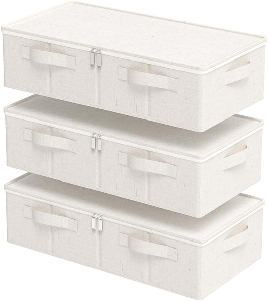 Underbed Storage Box Organizer, Foldable Under Bed Clothes Bags Container, Flat Bins with Lid for Organizing Clothes, Sheets, Blankets, Comforter, 23.6x11.8x5.9in, Beige, 3 Pack
