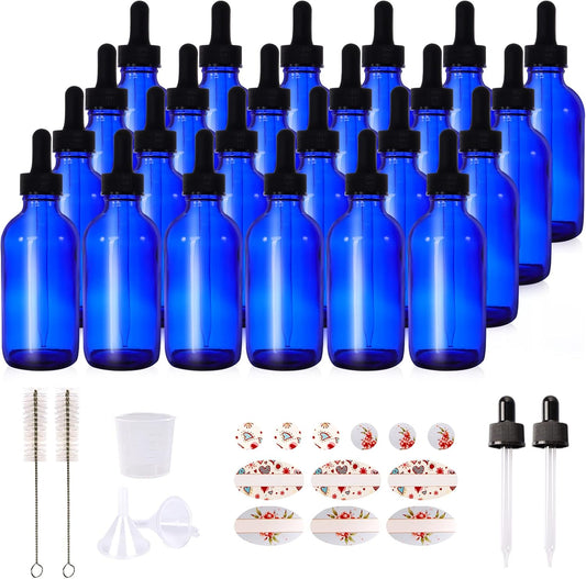 24 Pack 4oz Cobalt Blue Glass Bottles with Glass Eye Droppers for Essential Oils, Perfumes & Lab Chemicals (2 Brushes, 2 Funnels, 2 Extra Droppers, 36 Pieces Labels & Measuring Cup Included)