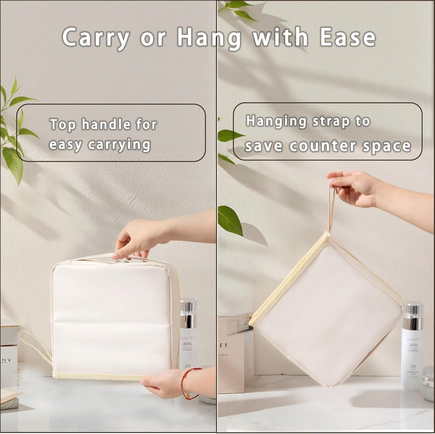 Standing Makeup Bag with Brush Holder, Organizer Travel Cosmetic Bags, Small Make Up Pouches for Women Beige