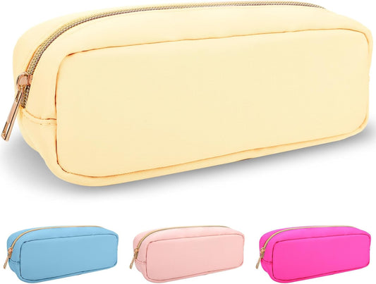 izuzta Nylon Small Makeup Bag Slim Pouch, Preppy Cute Makeup Brush Case Bag Cosmetic Zipper Pouch for Purse, Waterproof Travel Toiletry Bag Clutch Coin Pouch Makeup Organizer for Women Girls(Beige)