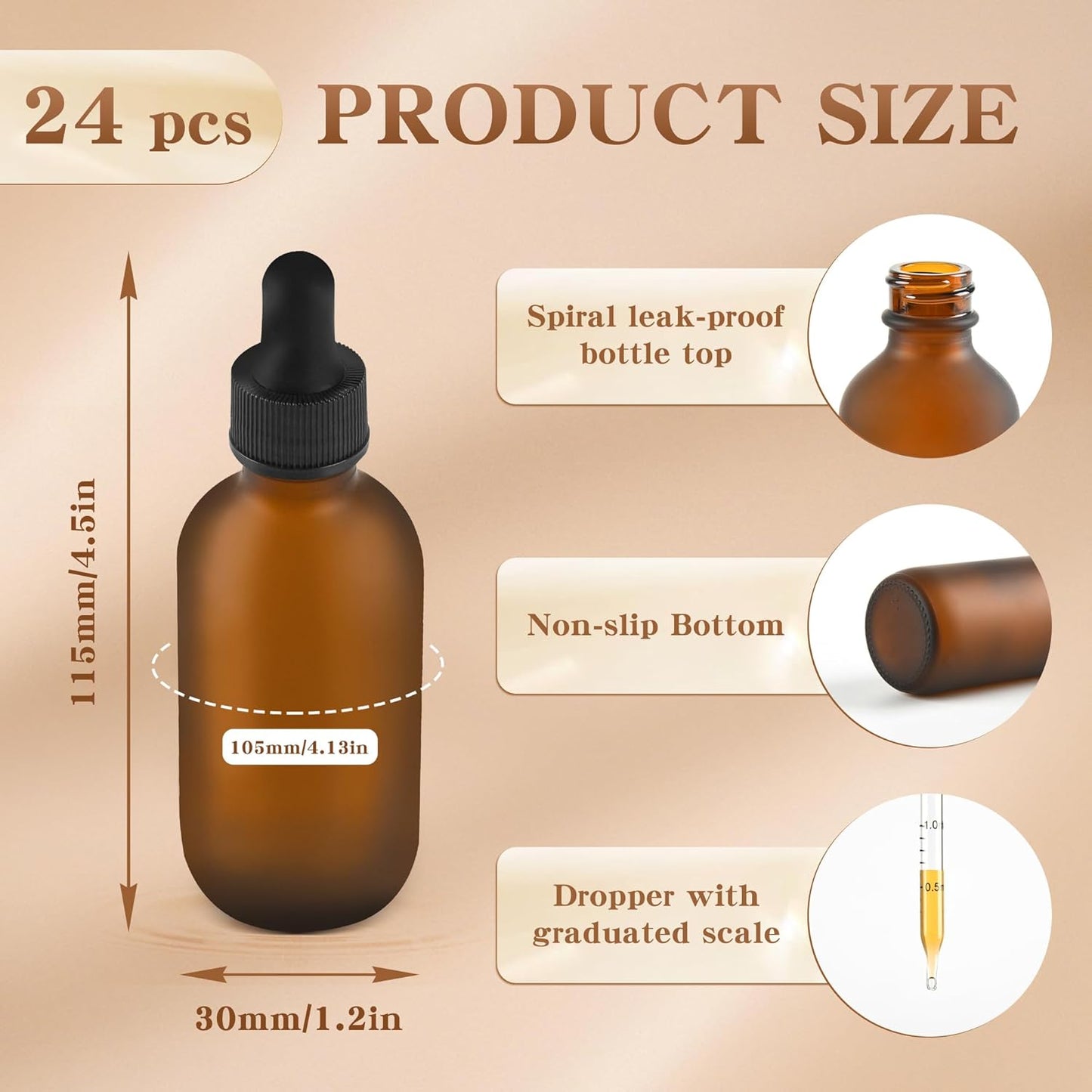 BILLIONSTARS 24 Pack 2oz Glass Boston Round Bottle with Graduated Calibrated Glass Pipettes - Amber Frosted - Tincture Bottles for Essential Oils, Liquids - Leakproof Travel Bottles