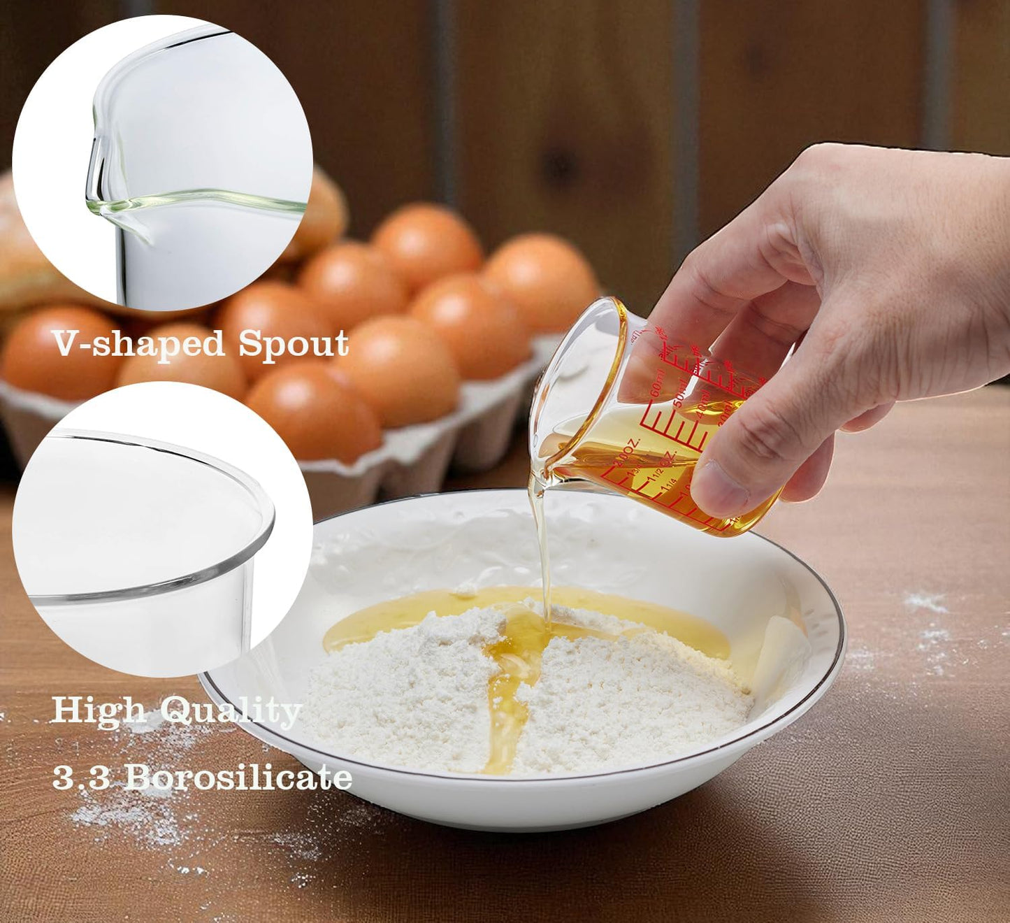 High Borosilicate Glass Measuring Cup-V-Shaped Spout，Glass Measuring Beaker for Kitchen or Restaurant, Easy to Read, 60 ML (2 Oz)-Pack of 2
