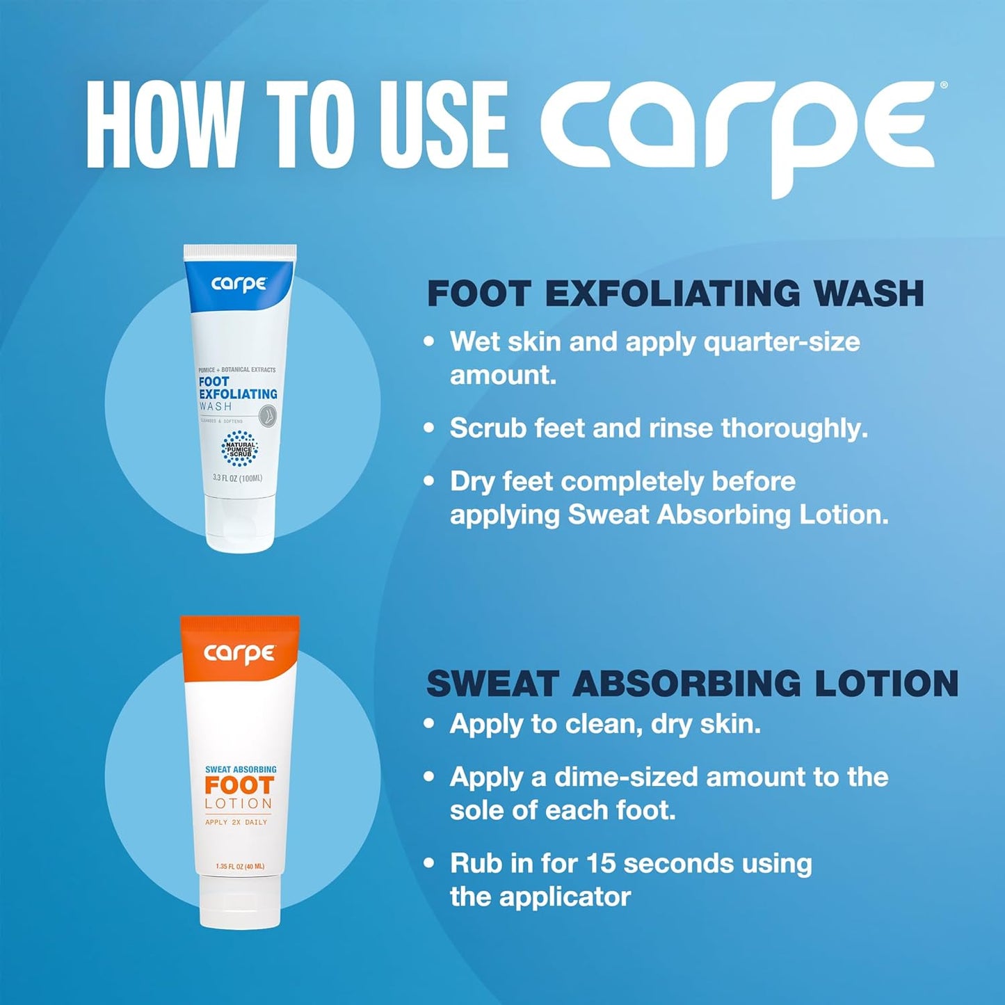 Carpe Sweat Absorbing Foot Lotion & Foot Exfoliating Scrub Regimen - A Total Solution for Sweaty Smelly Feet