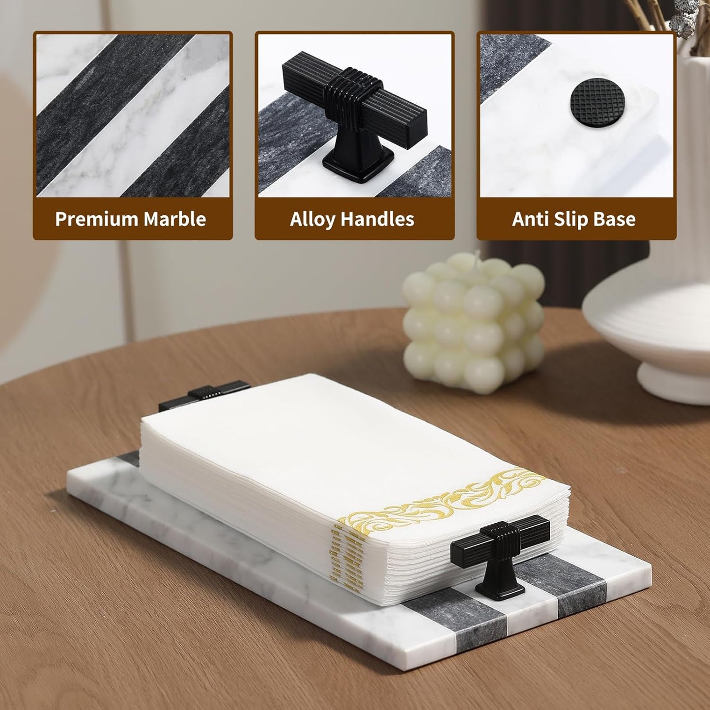 Decorative Marble Hand Towel Holder for Bathroom Disposable Paper Towels Tray Guest Towels Holder Formal Dinner, Guestrooms and Restrooms Marble Tray Vanity Tray Black Color Handle