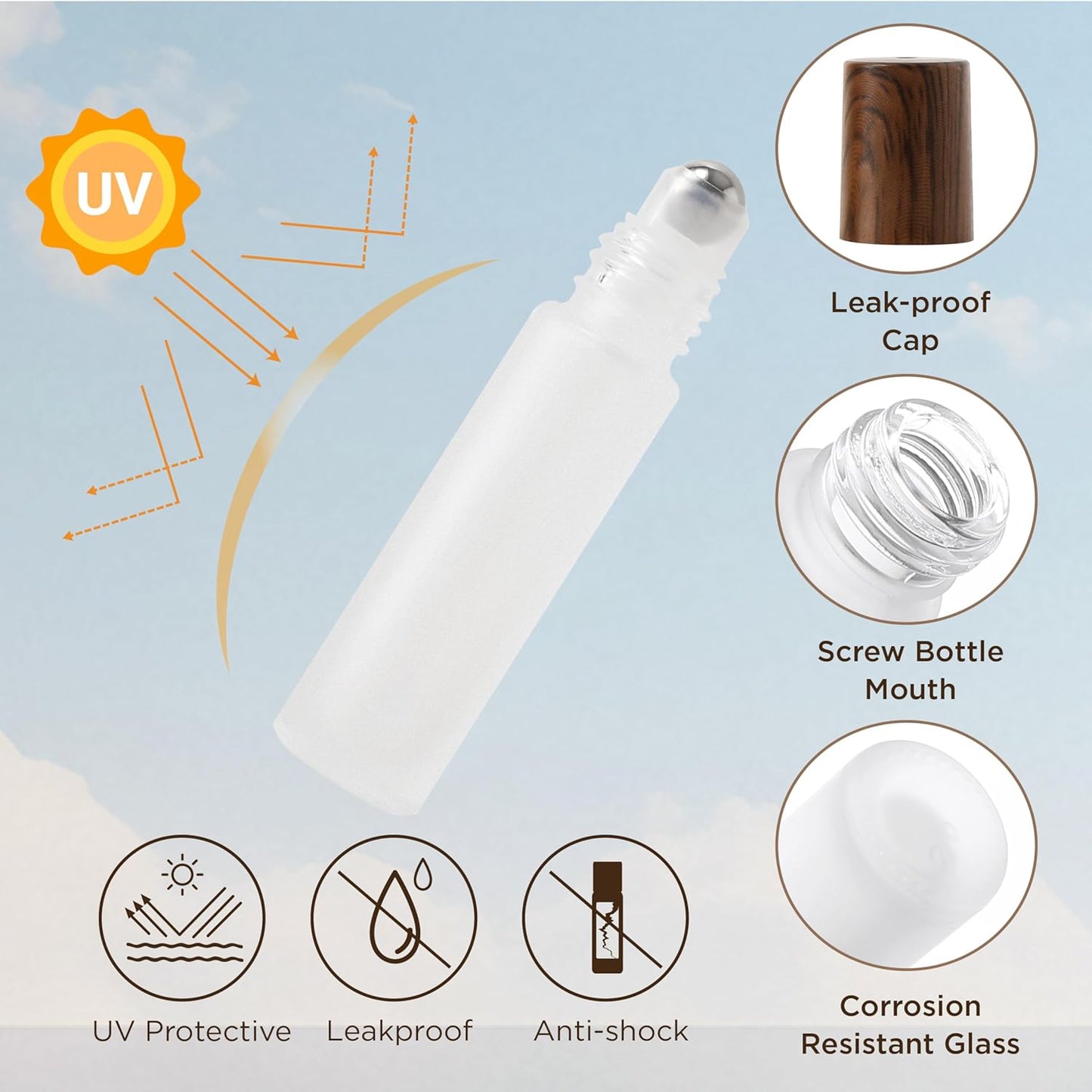 Essential Oil Roller Bottles, 4PCS (10ml & 5ml) Glass Perfume Roller Bottles with Funnel Opener and Dropper Beauty and Personal Care Tools (White-brown cover, 4 Packs)