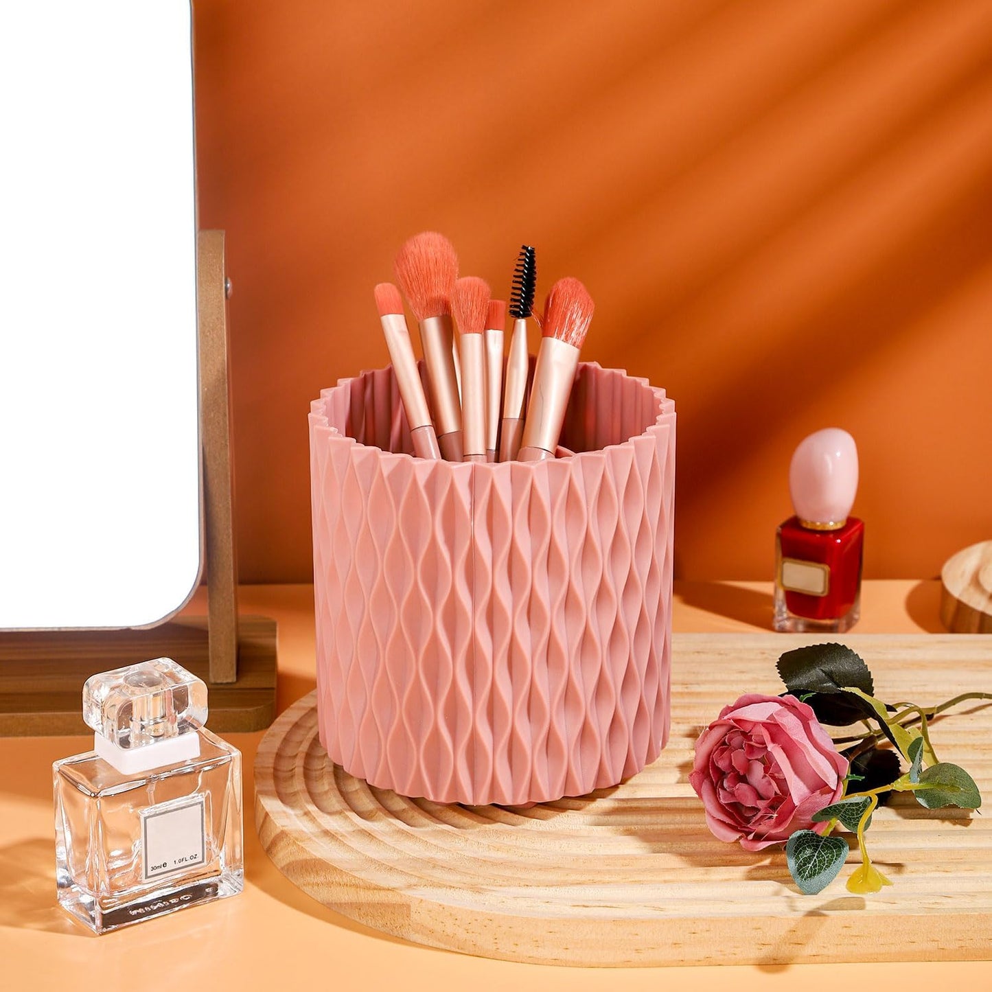 Pink 360° Rotating Makeup Organizer, Spinning Makeup Brush Holder, Unique Textured Makeup Brush Cups for Vanity Decor, Lipstick Holder for Bathroom Counter, Desk Storage Container