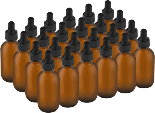 BILLIONSTARS 24 Pack 2oz Glass Boston Round Bottle with Graduated Calibrated Glass Pipettes - Amber Frosted - Tincture Bottles for Essential Oils, Liquids - Leakproof Travel Bottles