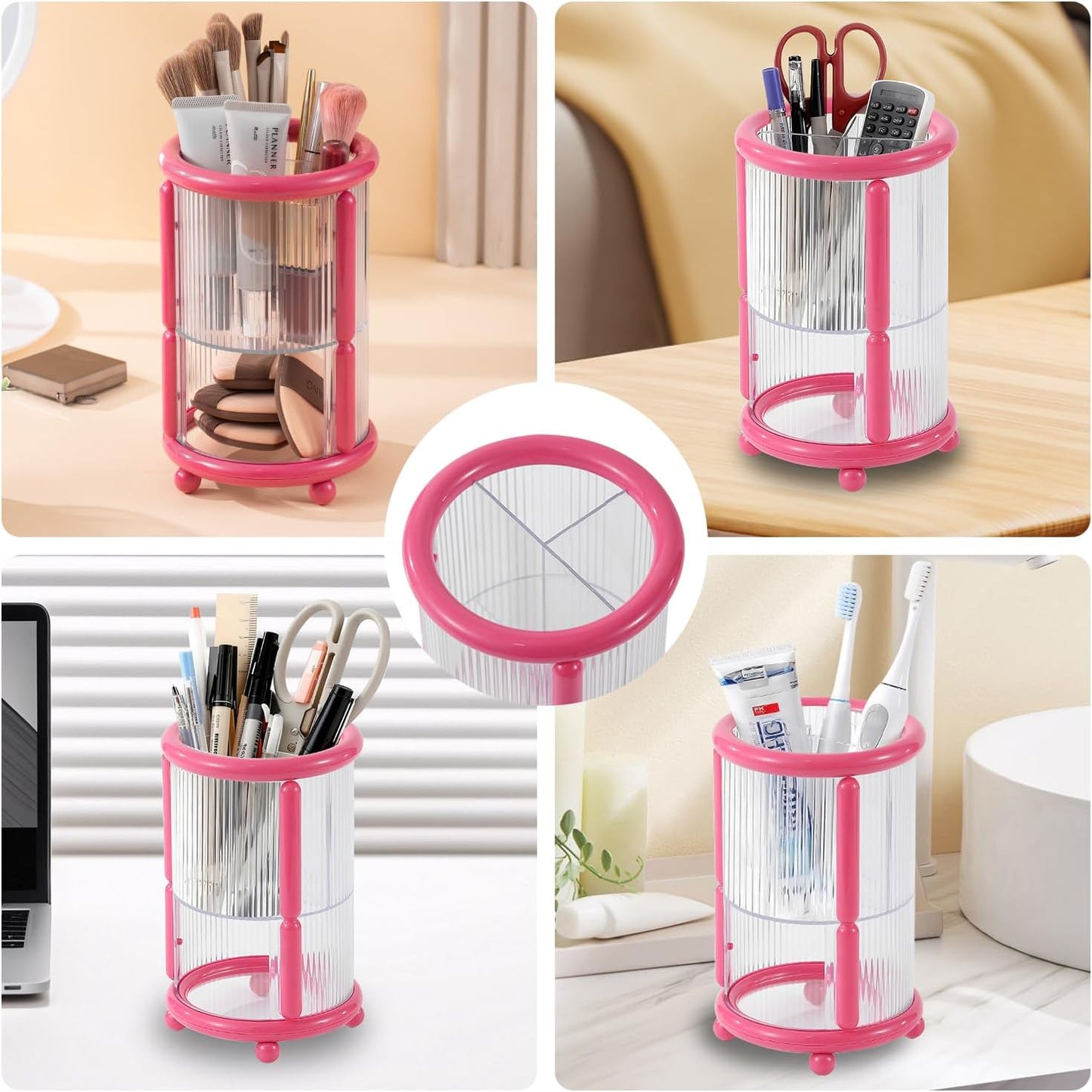 Makeup Brush Holder, 2 Tier Clear Cosmetic Tools Organizer, Round Makeup Organizer for Vanity Countertop (Rose Red)