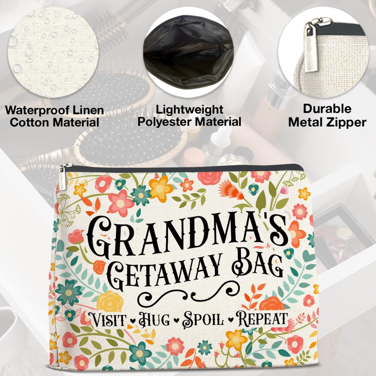 Grandma's Getaway Cosmetic Bag Grandma Gifts from Grandkids, Gift for Grandmother Grammy Nana Makeup Bag Zipper Makeup Pouch