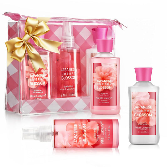 Japanese Cherry Blossom Spa Gift Set for Women and Girls, Bath and Body Care Kit with Gel, Lotion, Mist, Travel Size, with Natural Extracts - Body Care Kit for Birthday, Mother's Day, Christmas Gifts