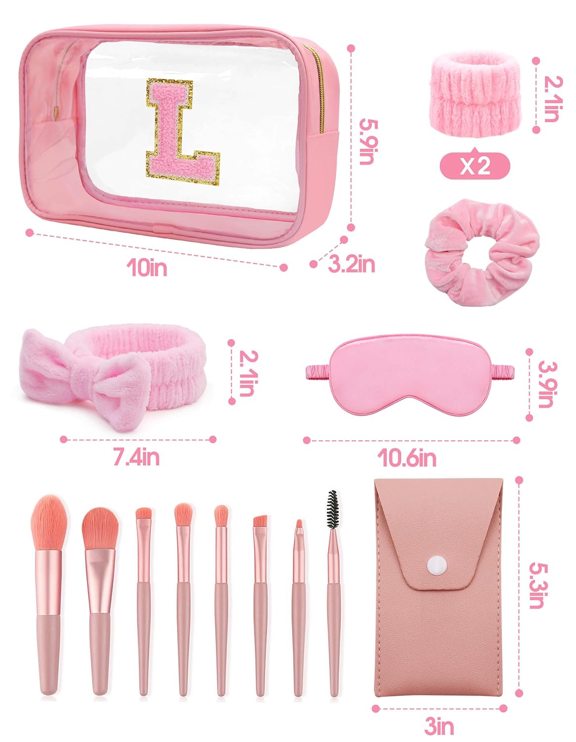 Gift Sets for Women, Initial Makeup Bag with Makeup Brush Set Bachelorette Party Favors, Pink Spa Kit with Skincare Headbands Wrist Bands Sleepover Party Supplies Gifts for Teen Girls Bridesmaid L