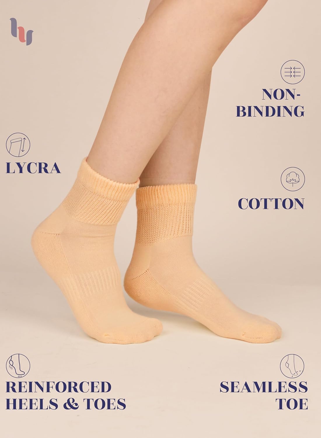 Hugh Ugoli Women's Cotton Diabetic Ankle Socks, Wide, Loose, Stretchy, Seamless Toe, Non Binding Top Semi Cushion, 3-6 Pairs